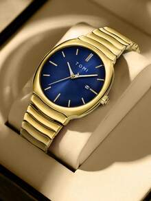 TOMI herrklocka med stjärnbrosch och ringset, armband i zinklegering, rund urtavla i kvarts, presentask, lämplig för vardagslivet, affärsevenemang, fars dag, alla hjärtans dag, jul, - Guld - Visa 5