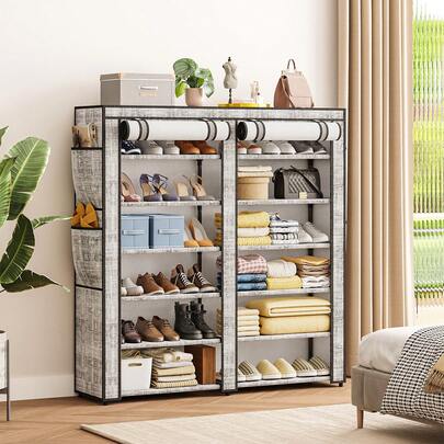 Tomnk Gray Double Rows Shoe Cabinet With 6 Lattices – Combination Style For Versatile Storage – Holds Sneakers, Heels, Boots – Ideal For Entryway, Bedroom, Hallway – Keeps Space Tidy & Organized