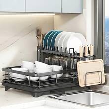 2-Tier Black Expandable Dish Drying Rack, Suitable For Kitchen Countertop, Large Dish Drainer With Pot Rack, Cup Rack, And Dish Rack For Iron Kitchen Counters And Sink Dish Racks - Large-Capacity Storage Rack With Draining Board, Dish Rack, And Cup Hooks - Fordable Design, Efficiently Saves Space For Storing Plates, Bowls, Pots, And Utensils, Efficiently Stores Plates - Fordable Rack - Durable Kitchenware, Kitchen Countertop Dish Drying Rack - Black - View 3
