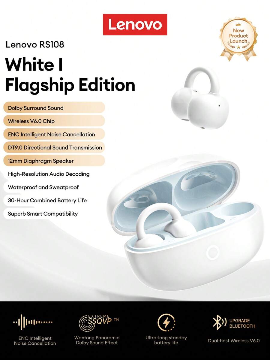 Écouteurs Bluetooth à clip Lenovo RS108, audio directionnel à oreille ouverte, Bluetooth 6.0, son surround, faible latence pour le jeu et les sports, écouteurs sans fil à annulation de bruit compatibles avec les smartphones et les ordinateurs, cadeau pour les fêtes - Blanc - Voir 1