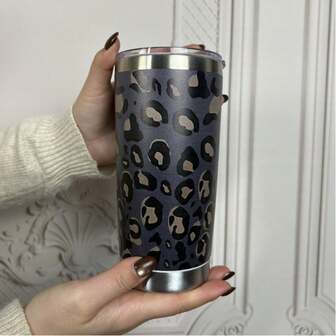20.29盎司不锈钢保温杯，豹纹设计 - 可重复使用，仅限手洗，含蓝色杯盖 - 适用于冷热饮，是居家、办公、旅行、运动和送礼场合（情人节、生日、节日）的理想之选。