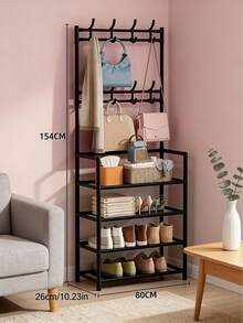 A Spacious And Multifunctional Storage Rack, Available In 4/5 Tiers For Shoes And Coat Racks, With 8 Hooks And Shelves. This 80cm Wide, Space-Saving, Easy-To-Assemble Shoe Cabinet Is Perfect For Storing Shoes And Hats And Can Also Be Used As A Multifunctional Coat Rack And Shoe Rack. - Black - View 2