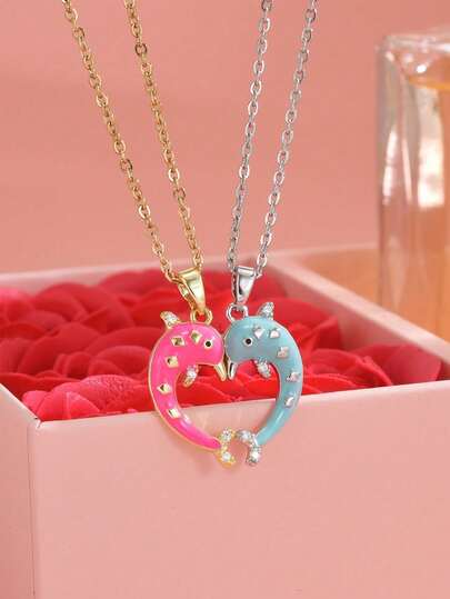 2pcs Cute Dolphin & Whale Stainless Steel Necklaces, Gold Jewelry, Gold Necklace, Silver Necklace, Summer Vacation, Beach, Western Jewelry, Carnival, Valentine's Day, Birthday Gift, Gift For Friends, Gift For Girlfriends