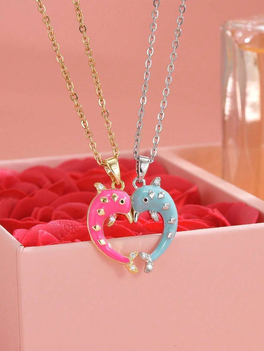 2件套可爱海豚鲸鱼不锈钢项链，金色首饰，金项链，银项链，适合夏季度假、海滩、西部风格、狂欢节、情人节、生日礼物、送朋友的礼物、送女朋友的礼物 - 彩色 - 查看 1