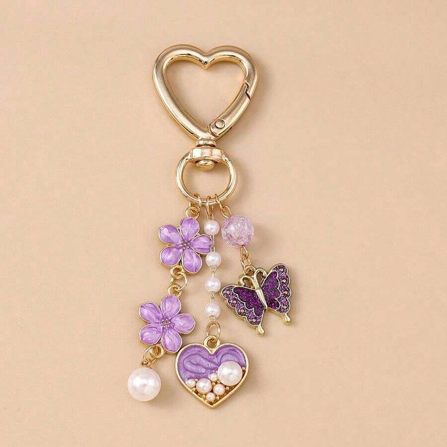 Butterfly & Heart Keychain Set - Floral Animal Charms For Bags, Multi-Key Organizer With Detachable Ring WEIG - Purple Butterfly - 查看 1
