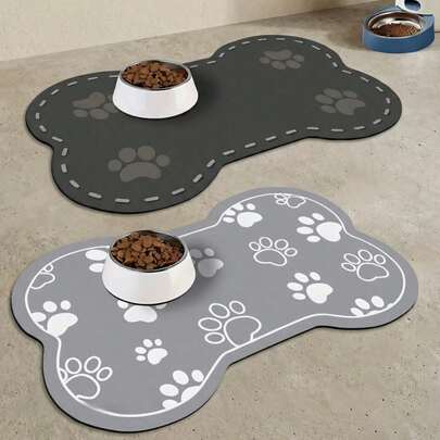 PETSIN Cartoon Pet Feeding Mat - Suitable For Cats & Dogs, Super Absorbent & Quick Drying; Patterned Bottom Design; Cute Bone Shaped Dog Paw Print Feeding Mat; Multi-Layer Structure, & Convenient; Neat Edges, Skin-Friendly Material; Ideal For Daily Use.