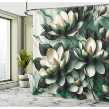 Dark Green Shower Curtain, Magnolia Flowers Blooming On Marble Print Inspired Backdrop, Cloth Fabric Bathroom Decor Set With , , Hunter Green And Off WhiteIt's Not Just A Shower Curtain-It's The Secret Sauce That Pulls Your Whole Bathroom Decor Together, Turning A Plain, Functional Space Into A Cozy Little Retreat You'll Look Forward To Using Every Day. - 彩色 - 查看 2