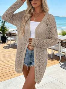 Plus Size Solid Color Hollow Out Casual Cardigan, Suitable For Beach, Resort, Spring/Summer Casual Wear For Women - Khaki - View 5