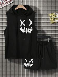 Conjunto de camiseta sin mangas con capucha y estampado gráfico holgada y pantalones cortos con cordón en la cintura para hombre, esencial de verano, fácil de combinar - Negro - Ver 2