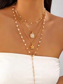 一套时尚欧美复古Y型长款仿珍珠花朵吊坠项链套装，金属项链和毛衣链，女士款