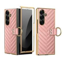 Fashionable Gold-Plated Ring Striped Leather Phone Case With Tempered Glass Screen Protector, Compatible With Samsung Galaxy Fold 3/4/5/6/7, Anti-Drop Protective Cover - Pink - View 16