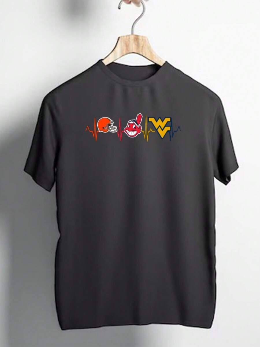 Camiseta con diseño de latido del corazón de Cleveland Browns y West Virginia Mountaineers (2) - Negro - Ver 1