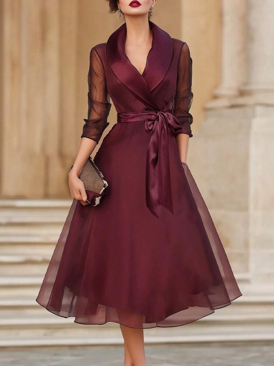 女士优雅雪纺拼接系腰灯笼袖中长连衣裙，酒红色，适合派对和休闲穿着，春夏款 - 酒紅色 - 查看 1