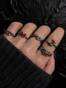 5pcs/Set Dark Thorn Rhinestone Butterfly & Heart Wing Street Style Rings - Gun Black - View 6