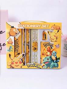 Pokemon Pikachu Cartoon Character Style Stationery Gift Set, Includes Pencil, Notebook, Pencil Sharpener, Pencil Case, Ruler, Eraser And Crayons