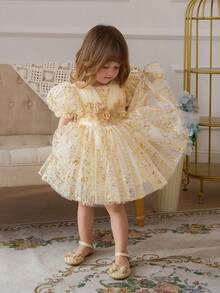 Baby Girls Champagne Puff Sleeve Mesh Tulle Peplum Dress, Princess Party Dress Suitable For 1st Birthday, Wedding, Banquet, Party, Holiday Celebration - Champagne - View 5
