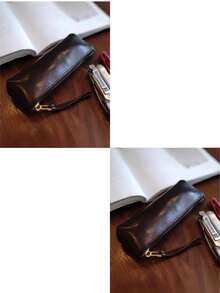 1pc Literary Retro Simple Stationery Pencil Case, Soft Leather, Plaything, Cosmetics, Stationery Pencil Case, Storage Bag - Multicolor - View 12