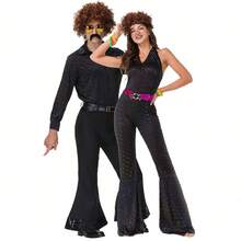 2pcs Set Couples 80s Retro Disco Performance Outfit, Women: Jumpsuit With Belt, Men: Top & Pants, Suitable For Music Festivals, Bars, Singers, Hippy Parties Halloween - Black - View 7