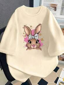 Koszulka damska w dużym rozmiarze, z krótkim rękawem i okrągłym dekoltem, z kokardką w białe groszki i królikiem, odpowiednia na wiosnę, lato i jesień - Morela - Zobacz 5