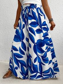 Pretty and Ole Plus Size All-Over Print Belt Tie Waist Wide Leg Pants - Blue - View 5