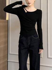 Blusa de mujer Camiseta interior de manga larga de color liso con diseño de botones falsos de punto Camiseta asimétrica de manga larga con pliegues Prenda de entretiempo para mujer, ideal para primavera y otoño - Negro - Ver 5