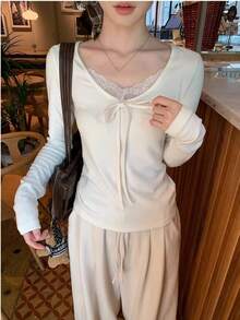 春季新款温柔蕾丝拼接蝴蝶结长袖女式衬衫，修身显瘦 - 白色 - 查看 6