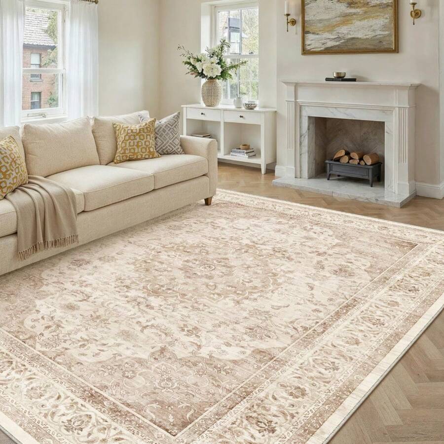 Elegant Floral Pattern Beige And Cream Vintage Design Area Rug Washable Rug Vintage Traditional Floor Cover Foldable Thin Retro Accent Indoor Non Slip Carpet Print Mat Bedroom Living Room Bathroom Home Decor Large Carpets Dining Room Rug Kitchen Rugs For Entryway - A - 查看 1