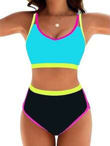 2026 Women's High Waisted Bikini Sets Sporty Two Piece Swimsuits Color Block Cheeky High Cut Bathing Suits - Màu xanh nhạt - Xem 1