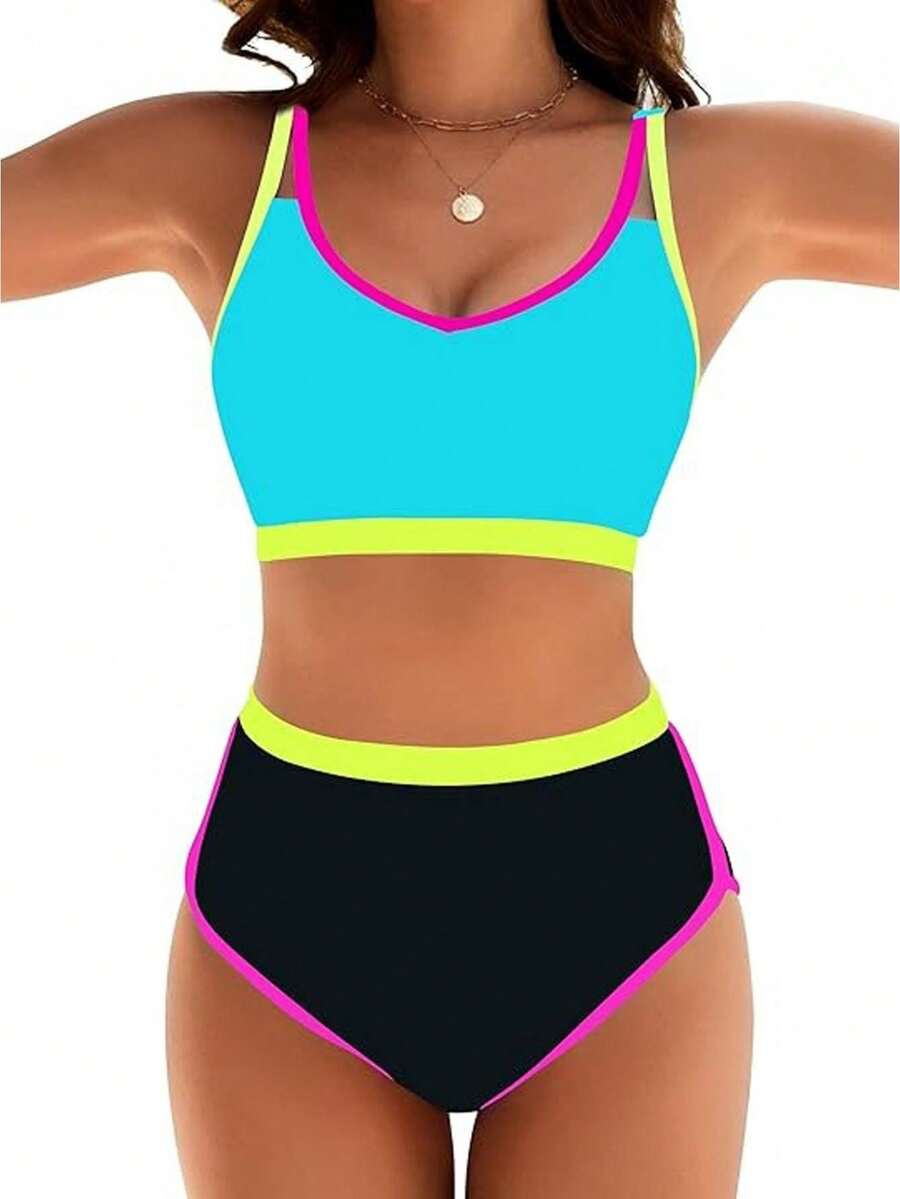 2026 Women's High Waisted Bikini Sets Sporty Two Piece Swimsuits Color Block Cheeky High Cut Bathing Suits - Màu xanh nhạt - Xem 1