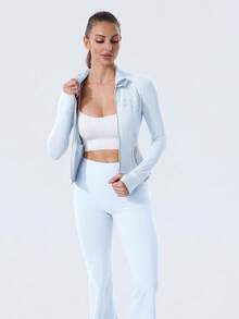 Women's Long Sleeve BBL Jacket With Pockets And Thumb Holes, Running Workout  Activewear Top - Starch Blue/Gold - 查看 6