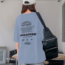 Women's Oversized Printed T-Shirt - Cheerful Paradise Phrase - Loose, Casual, Stylish, Modern, And Cool Blouse - 淺藍色 - 查看 12