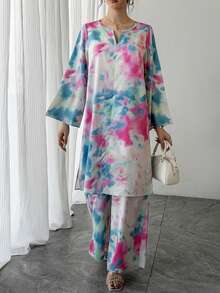 Bộ 2 món: Đầm maxi dài tay cổ chữ V in họa tiết nhuộm tie-dye và quần ống rộng cạp chun in họa tiết nhuộm tie-dye, trang phục trang trọng kiểu Ả Rập thanh lịch cho tiệc tùng, kỳ nghỉ hoặc mặc hàng ngày vào mùa xuân. - Màu Hồng Tươi - Xem 10