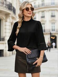 Funlingo Women's 3/4 Sleeve Tops Dressy Casual Mock Neck Tunic Shirt Business Office Work Blouses With Hollow Out Cuffs Easy Movement And A Smooth Drape - 黑色 - 查看 6