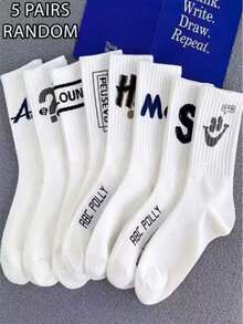5 Pairs Random Letter Print Men's Mid-Calf Socks, Minimalist & Fashionable, White Socks, Autumn - Multicolor - View 1