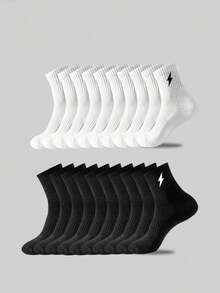 5 Pairs Boys & Teens Lightning Bolt Mid-Calf Socks, Black/White Basketball Sports Mid-Calf Socks, Soft Breathable Socks, Student Socks, Casual Long Socks, Suitable For All Seasons, Daily Wear And Outdoor Sports, Back To School - Multicolor - View 20