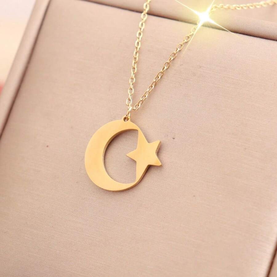 Gold-Plated Stainless Steel Crescent Moon & Pentagram Necklace, Religious Amulet Pendant - Necklace - View 1