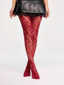 1 szt. damskie rajstopy siateczkowe plus size, vintage'owe francuskie spiralne, ażurowe, kwiatowe, koronkowe, żakardowe pończochy, seksowne, eleganckie rajstopy siateczkowe w stylu punk rock, odpowiednie na święta, imprezy, gale - Burgund - Zobacz 2