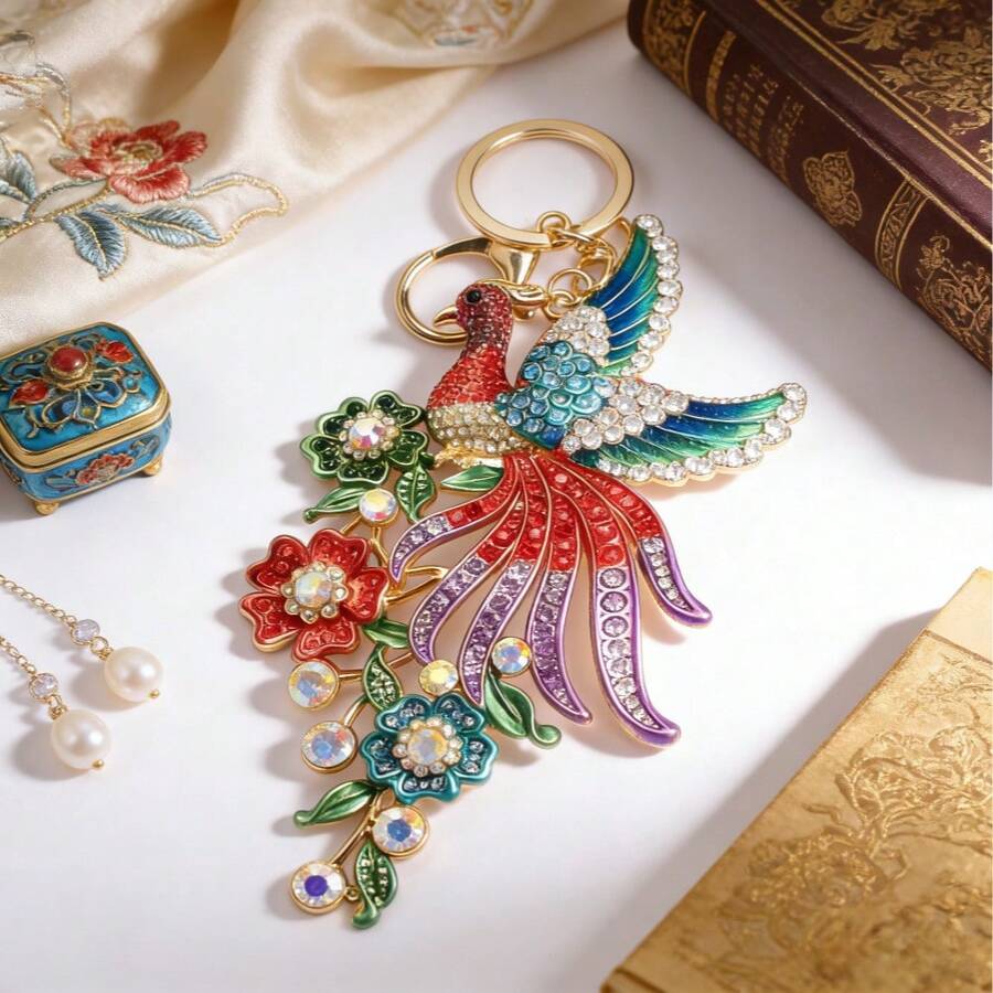 Phoenix Keychain, Gold-Toned Frame With Multi-Colored Sparkling Crystals, Iridescent Crystal Accents, Floral & Leaf Decor Details, Exquisite Phoenix Shape, Ideal Key Accessory, Party Outfits, Gifts For Fantasy Lovers & Valentines Gift - 黃色 - 查看 1