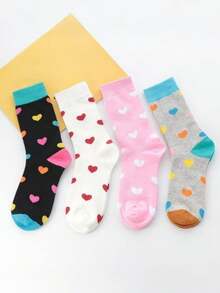4/1 Pair Women Heart Design Mid-Calf Socks, Cute & Sweet, Suitable For Valentine's Day Gift, Back To School Season - Multicolor - View 3