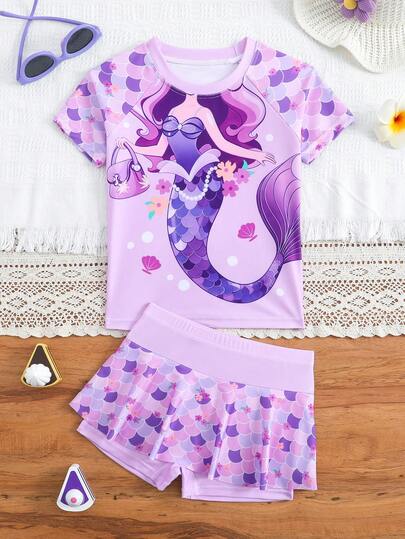 2pcs/Set Cute Mermaid Print Digital Girls Swimsuit Set, Including 1 Short Sleeve Swimsuit Top And 1 Separate Swim Shorts Skirt, Elastic Quick-Dry Comfortable Fabric, Fashionable Resort Style, Suitable For Outdoor Beach, Swimming Pool Party, Beach Vacation