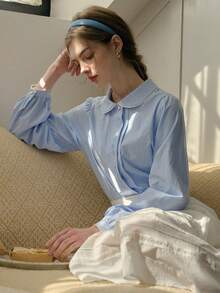 Simple Retro Women's Autumn And Winter Casual Peter Pan Collar Embroidery Pattern Blue Sweet Gentle Temperament Fit Long-Sleeved Shirt - Blue - View 7