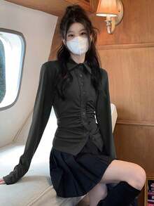 Women's Long Sleeve Ruched Design Casual Cardigan Top - Dark Grey - View 9