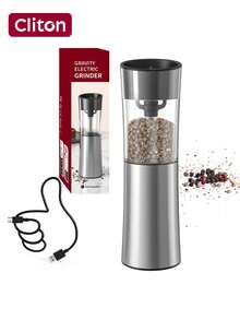 CLITON Gravity Electric Pepper Mill & Salt Grinder Set, USB Rechargeable Base, No Battery Needed, One-Handed Operation, Adjustable Coarseness, Automatic Electric Seasoning Grinder, Refillable, Adjustable Coarseness, LED Light, Plastic & Stainless Steel Material