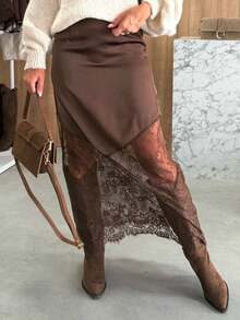Elegant Women's Sexy Lace Patchwork Party Skirt, Fitted Waist Hollow Out Streetwear Skirt, Summer - Rỉ Nâu - Xem 1