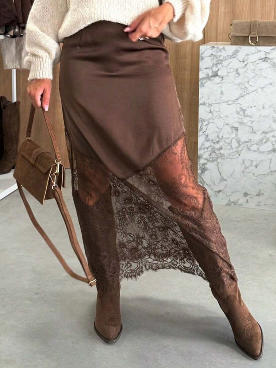 Elegant Women's Sexy Lace Patchwork Party Skirt, Fitted Waist Hollow Out Streetwear Skirt, Summer - Rỉ Nâu - Xem 1