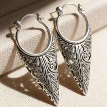 复古镂空耳环，古朴几何吊坠耳环，女士耳环，叶子图案耳环 - 復古銀色 - 查看 1