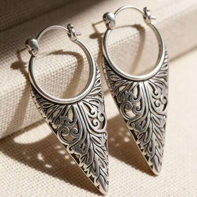 Vintage ihåliga örhängen, forntida geometriska hängenörhängen, örhängen för kvinnor, örhängen med lövmönster