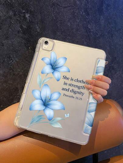 Designed With Elegant Blue Lilies As The Core Element, This Blue Lily Grace Tablet Case Is Paired With The Scripture "She Is Clothed In Strength And Dignity.", Embodying The Temperament Of Gentle Yet Firm Female Power.