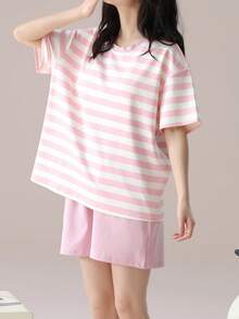 [Đồ ngủ AICJ] Bộ đồ ngủ nữ 2 món, phong cách thường ngày, mùa xuân/hè, áo sơ mi kẻ sọc tay trễ và quần short, đồ mặc nhà thoải mái, thích hợp cho cả ngủ trong nhà và ngoài trời. - Màu Hồng baby - Xem 4