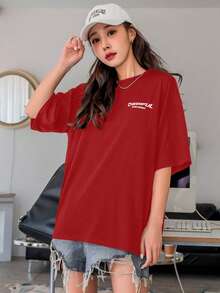 Women's Oversized Printed T-Shirt - Cheerful Paradise Phrase - Loose, Casual, Stylish, Modern, And Cool Blouse - 紅色 - 查看 6